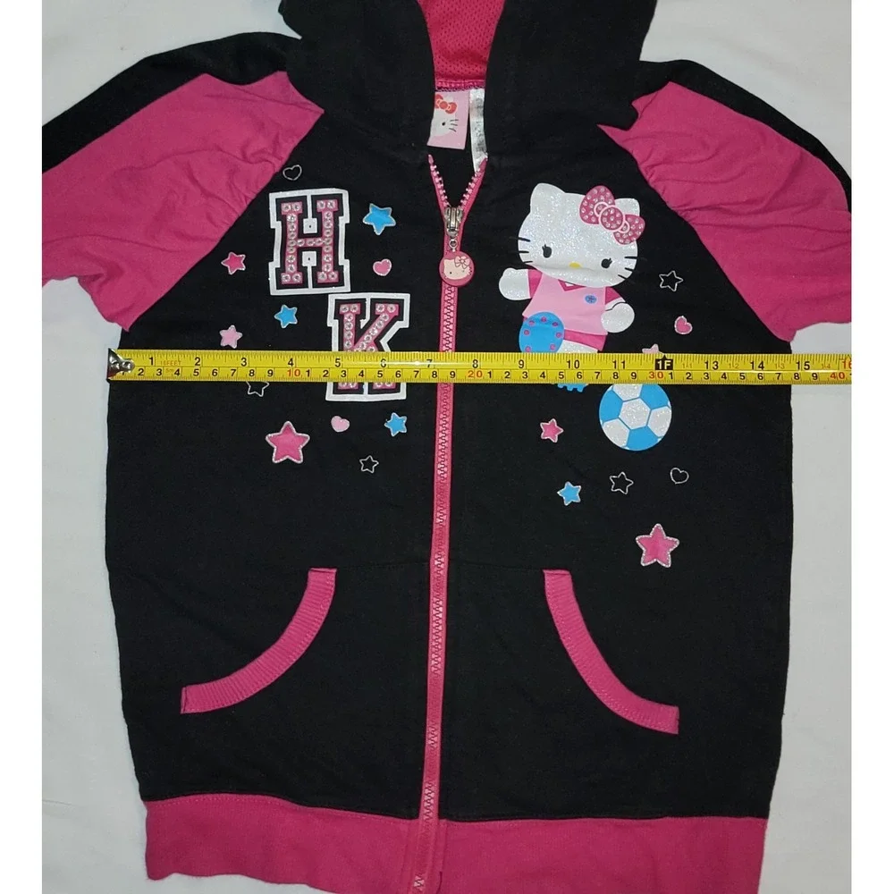 Hello Kitty Girls Hoodie Black/Pink Zip Up Jacket Size 7/8 Sanrio Lightweight